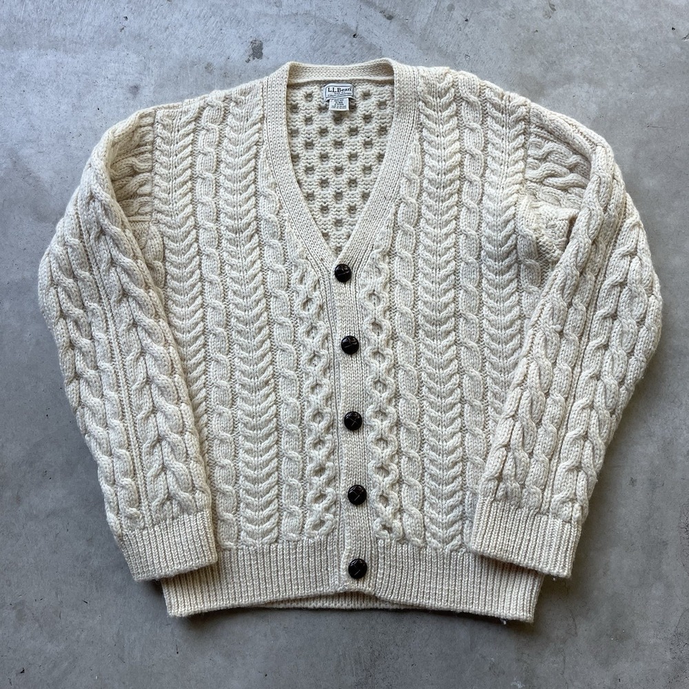 LL Bean Wool Cable Knit Cardigan Sweater Women's M Cream Aran Fisherman Ireland